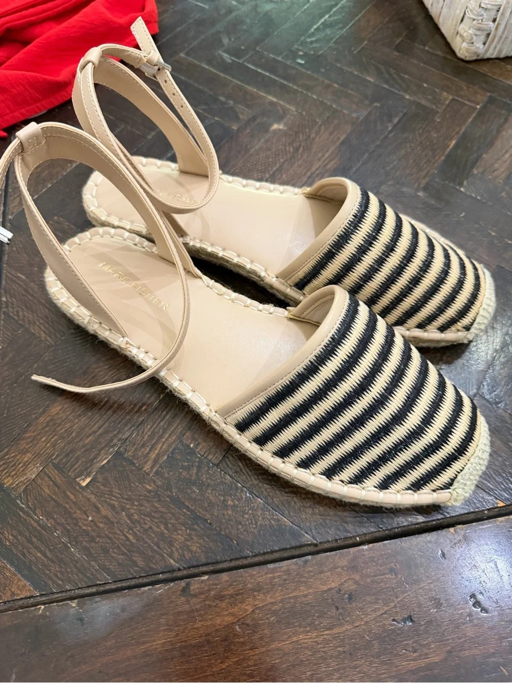 Marc Fisher Beige and Black Striped Espadrille Ankle-Strap Flat